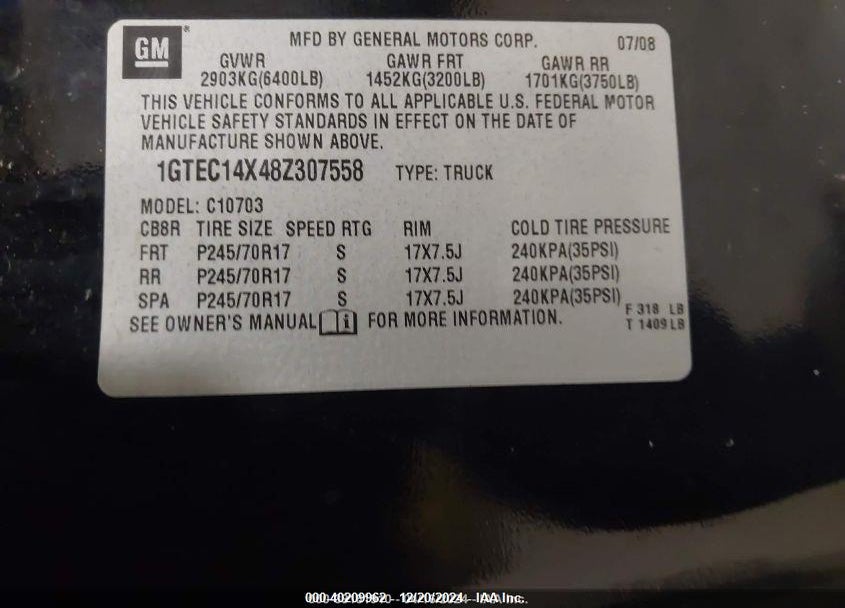 2008 GMC SIERRA 1500 VIN: 1GTEC14X48Z307558