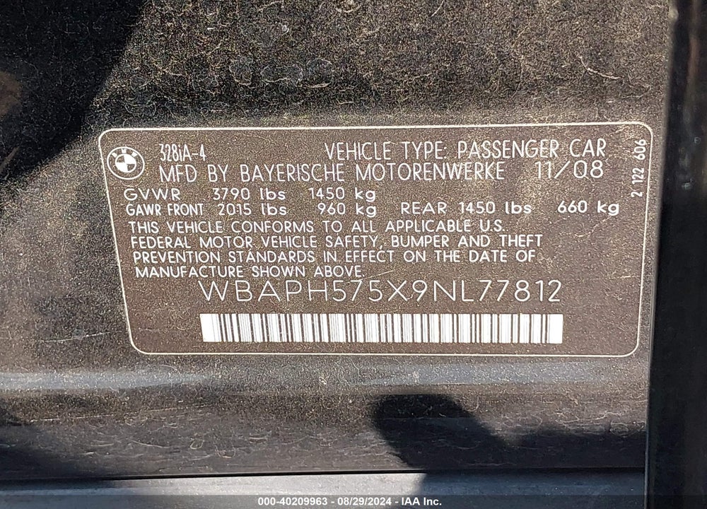 2009 BMW 328I VIN: WBAPH575X9NL77812