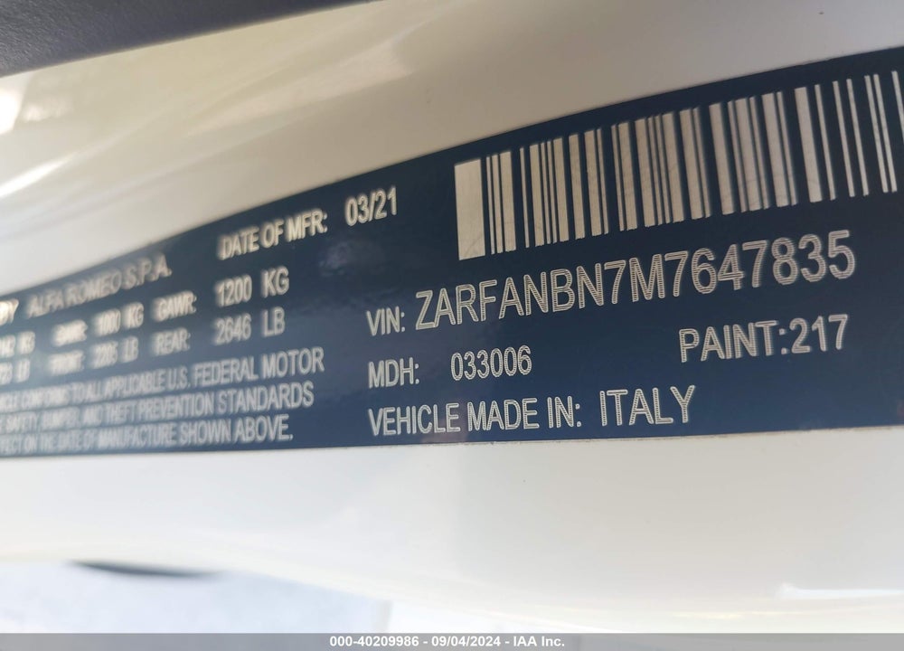 2021 ALFA ROMEO GIULIA TI AWD VIN: ZARFANBN7M7647835