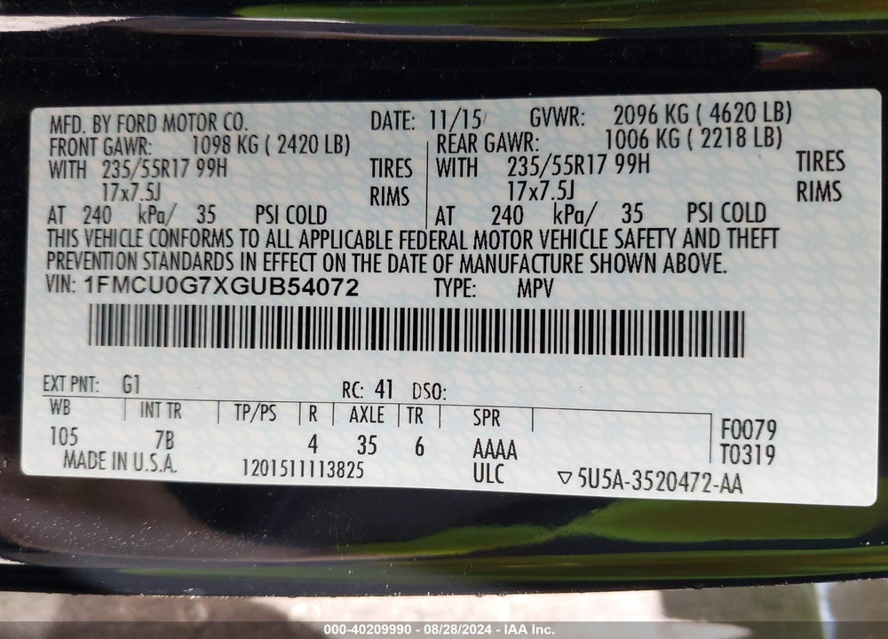 2016 FORD ESCAPE SE VIN: 1FMCU0G7XGUB54072