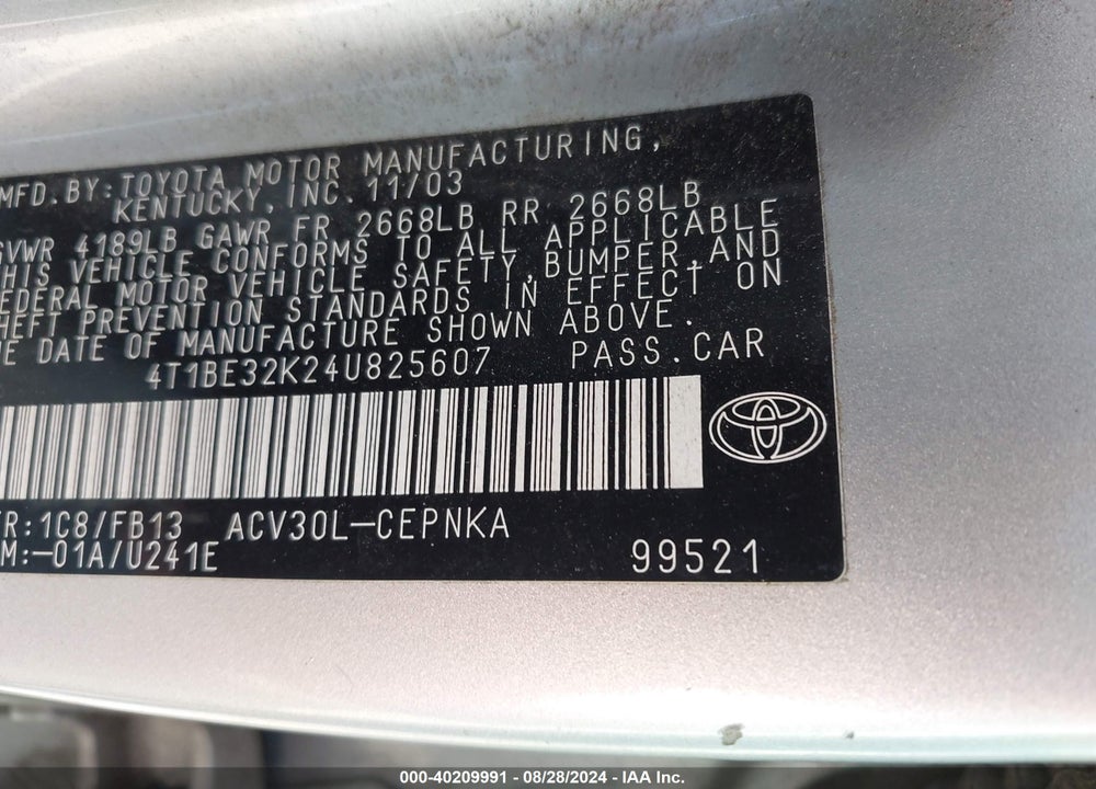 2004 TOYOTA CAMRY LE VIN: 4T1BE32K24U825607