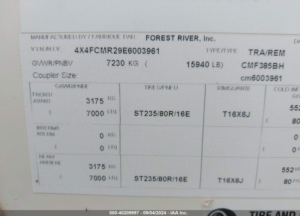 2014 FOREST RIVER COLUMBUS 385BH VIN: 4X4FCMR29E6003961