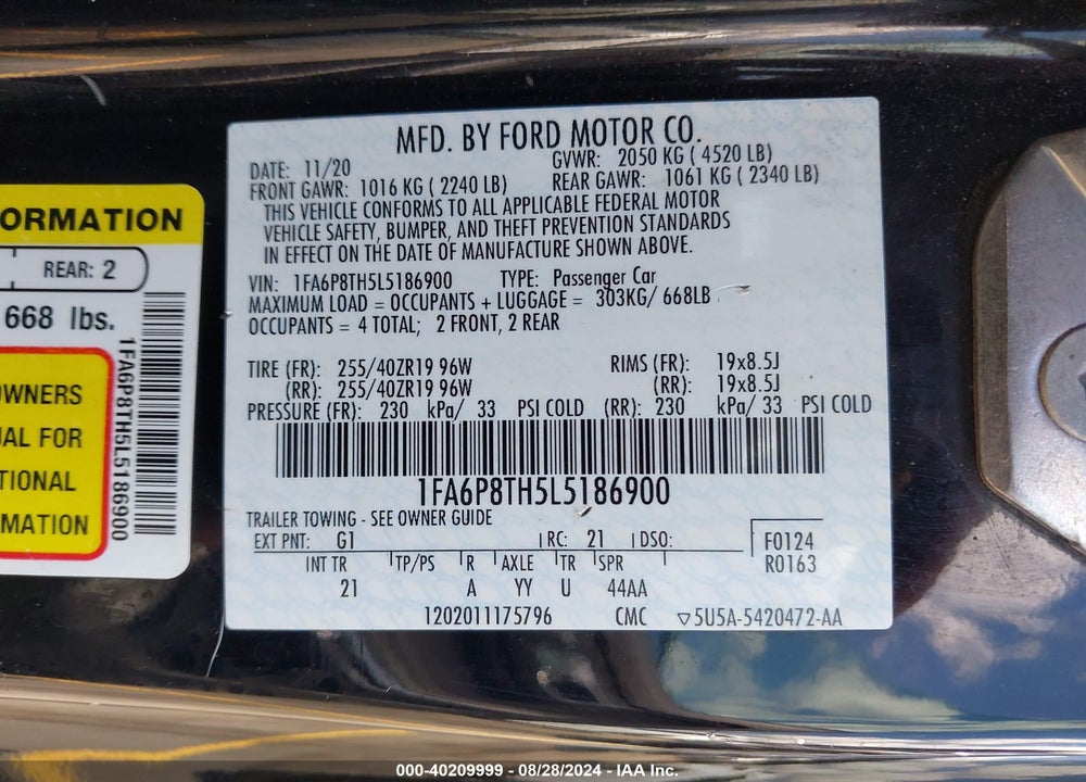 2020 FORD MUSTANG VIN: 1FA6P8TH5L5186900