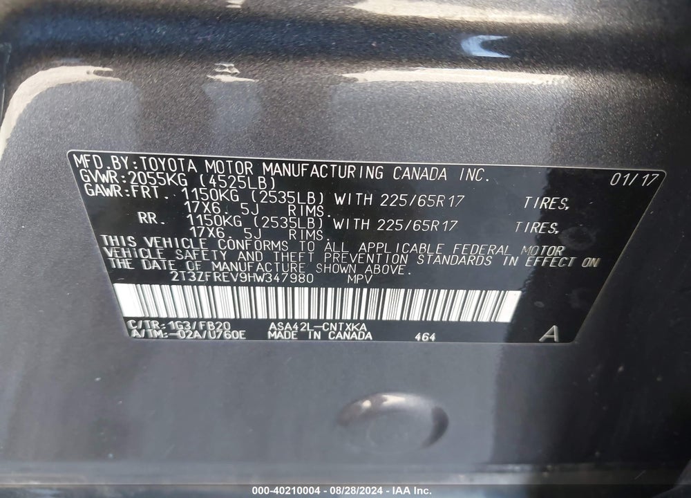 2017 TOYOTA RAV4 LE VIN: 2T3ZFREV9HW347980