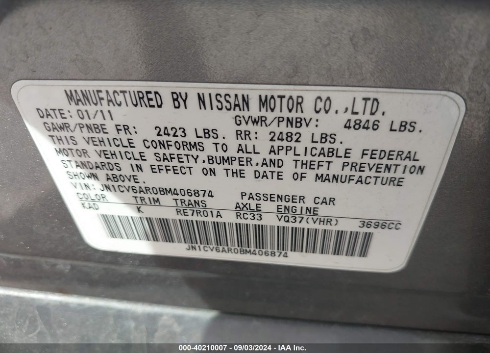 2011 INFINITI G37X VIN: JN1CV6AR0BM406874