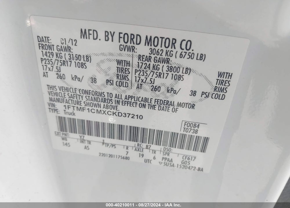2012 FORD F-150 XL VIN: 1FTMF1CMXCKD37210