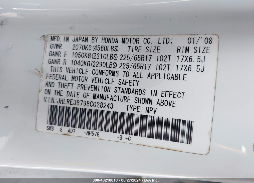 2008 HONDA CR-V EX-L VIN: JHLRE38798C028243