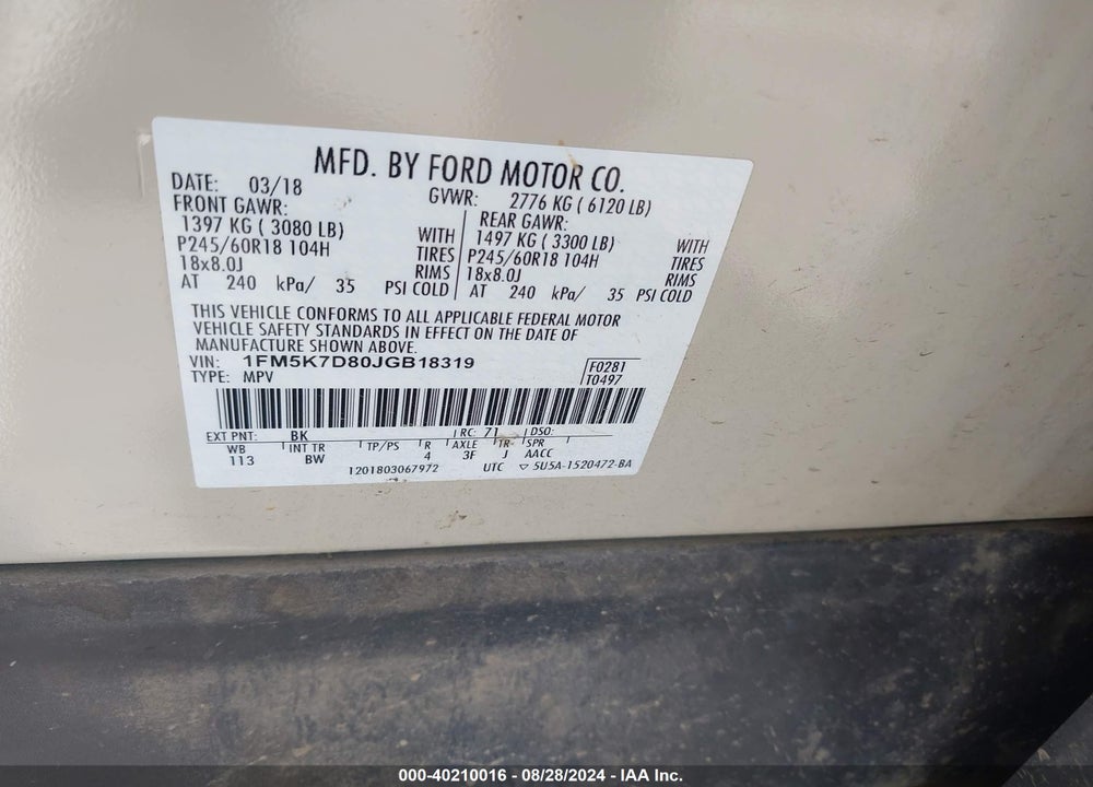 2018 FORD EXPLORER XLT VIN: 1FM5K7D80JGB18319