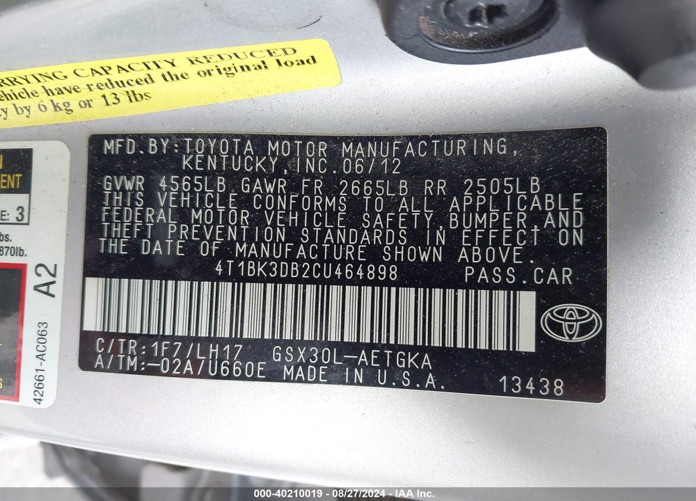 2012 TOYOTA AVALON VIN: 4T1BK3DB2CU464898