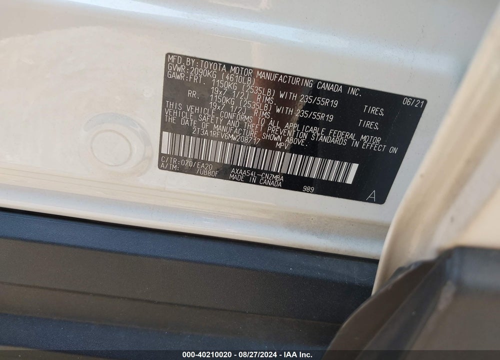 2021 TOYOTA RAV4 XLE PREMIUM VIN: 2T3A1RFV6MW208717