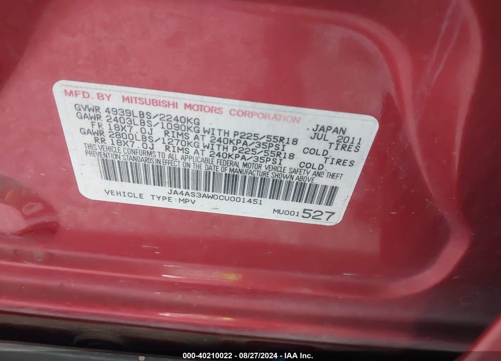2012 MITSUBISHI OUTLANDER SE VIN: JA4AS3AW0CU001451