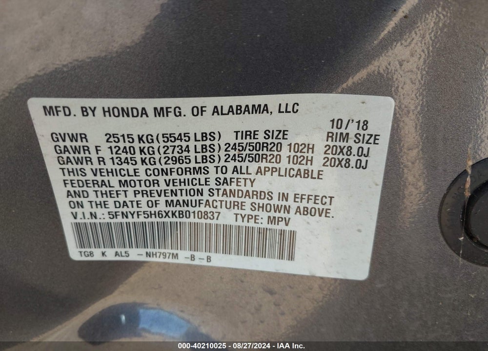 2019 HONDA PILOT TOURING VIN: 5FNYF5H6XKB010837