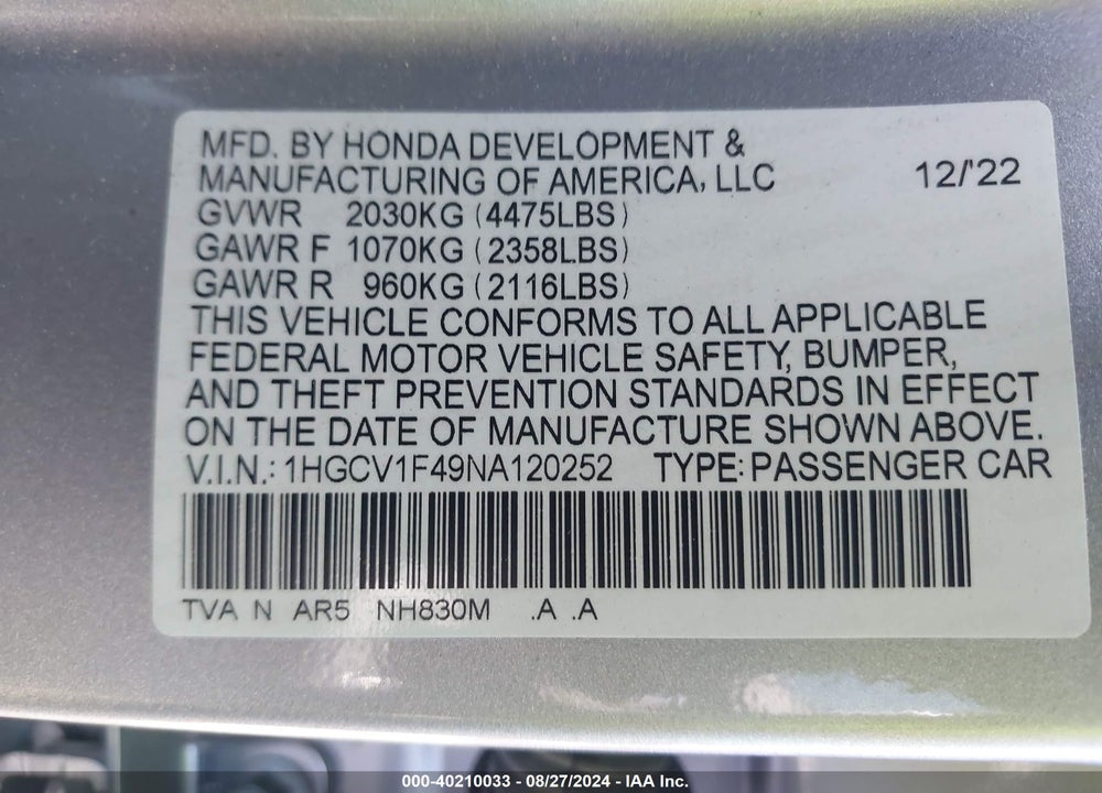 2022 HONDA ACCORD SPORT SPECIAL EDITION VIN: 1HGCV1F49NA120252