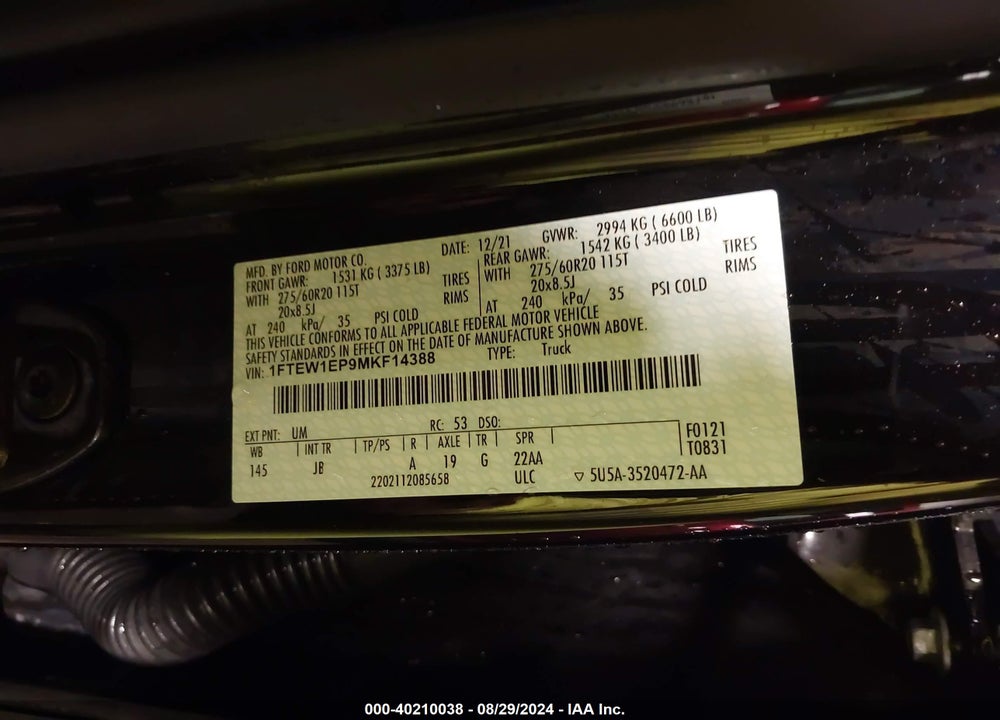2021 FORD F-150 XL VIN: 1FTEW1EP9MKF14388