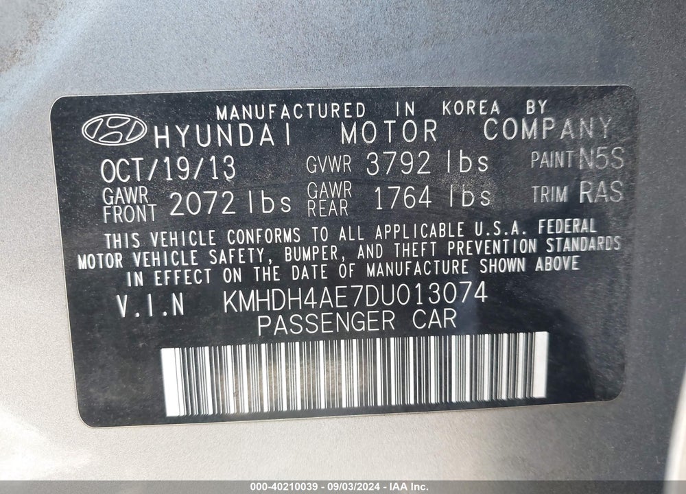 2013 HYUNDAI ELANTRA GLS VIN: KMHDH4AE7DU013074