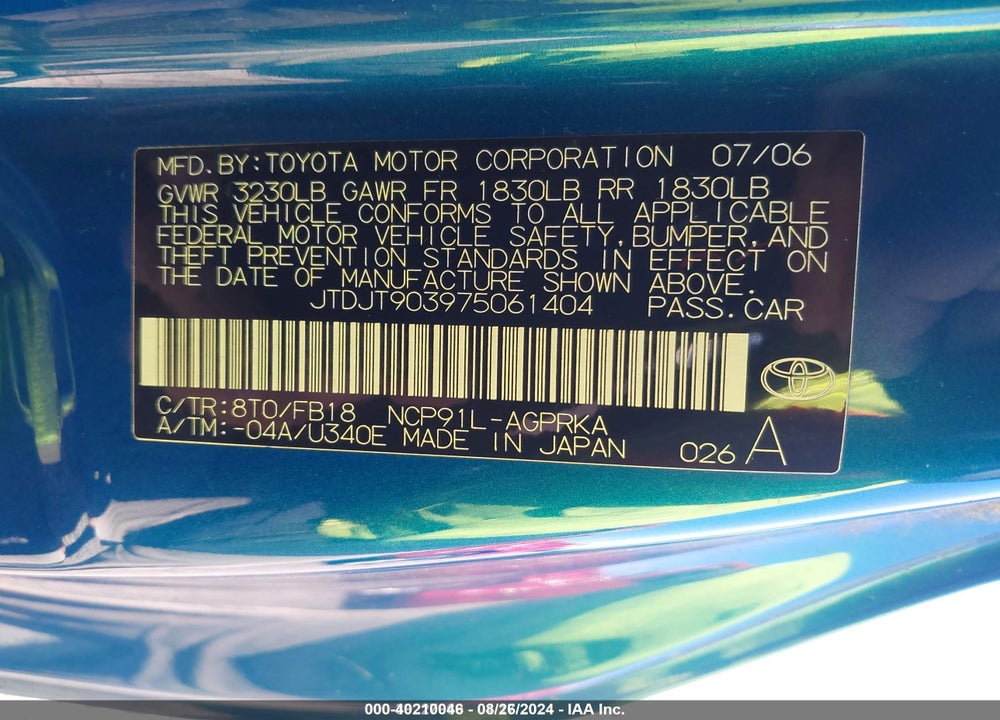 2007 TOYOTA YARIS VIN: JTDJT903975061404