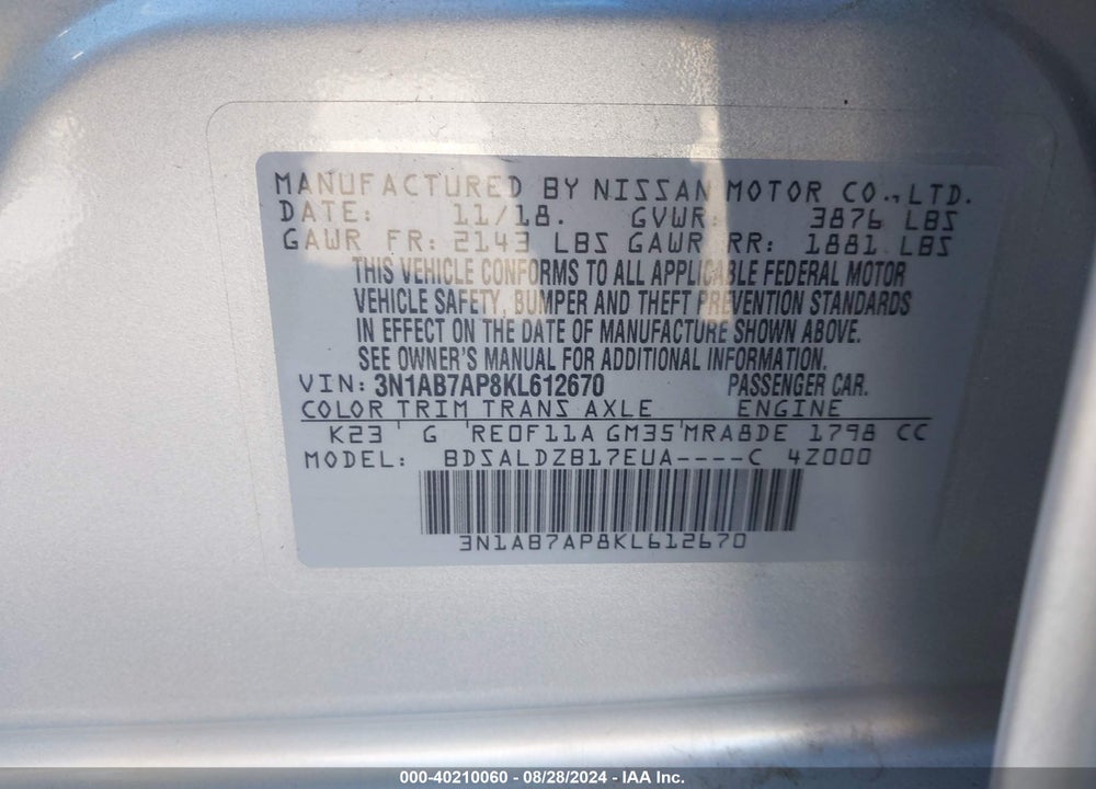 2019 NISSAN SENTRA SV VIN: 3N1AB7AP8KL612670