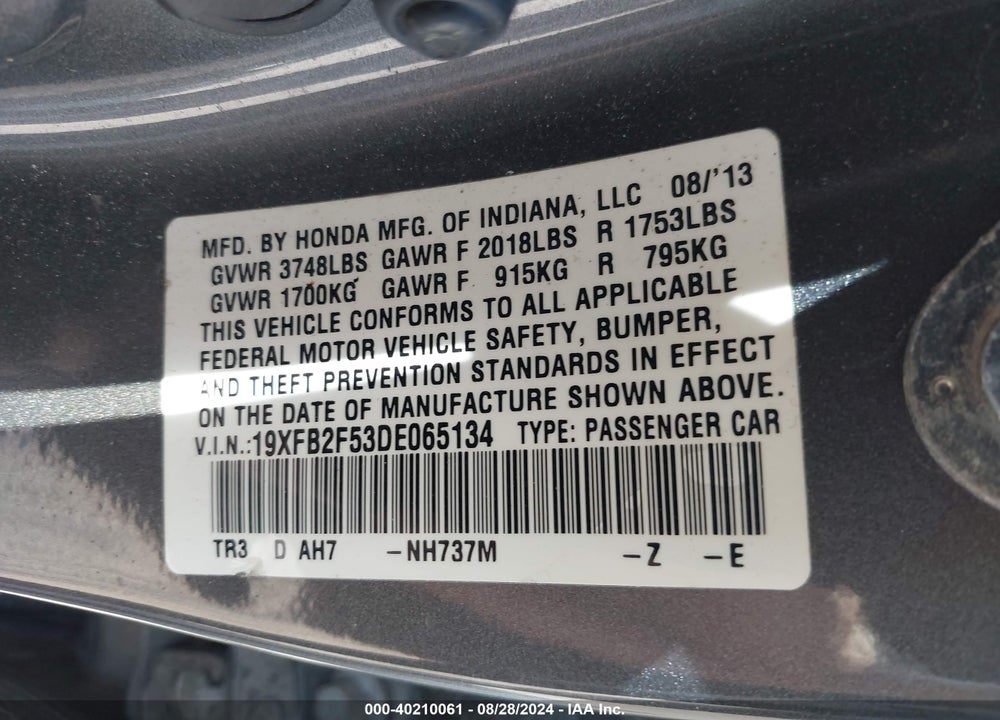 2013 HONDA CIVIC LX VIN: 19XFB2F53DE065134