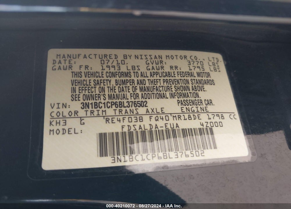 2011 NISSAN VERSA 1.8S VIN: 3N1BC1CP6BL376502