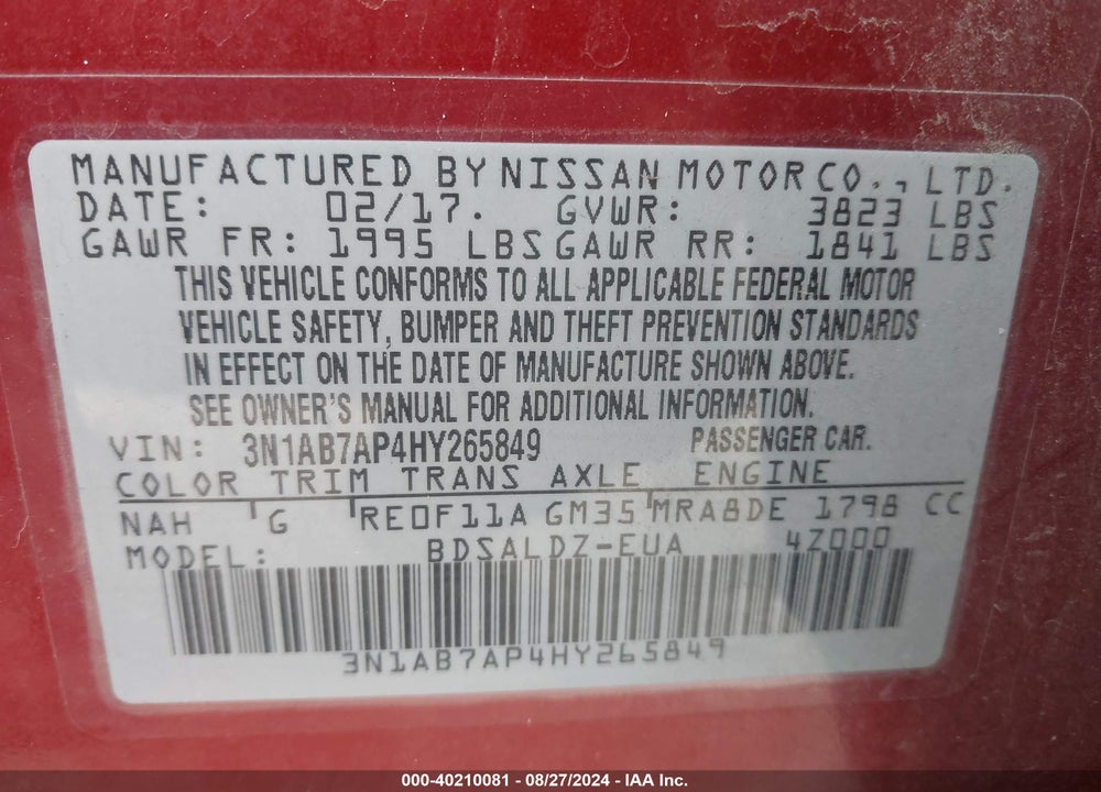 2017 NISSAN SENTRA SV VIN: 3N1AB7AP4HY265849