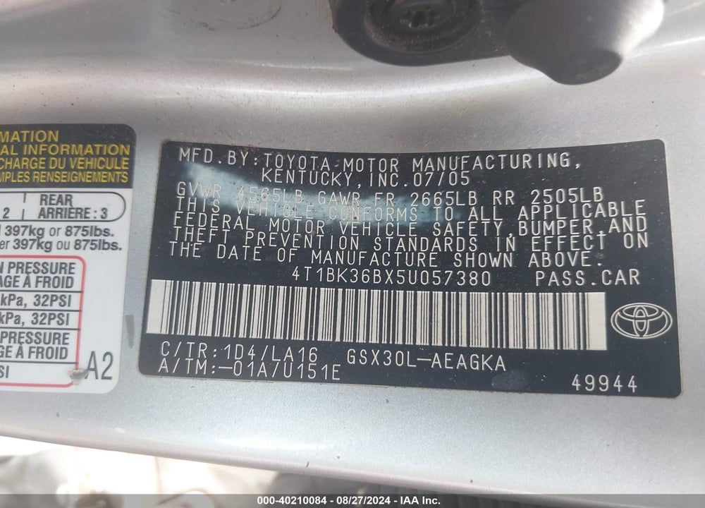 2005 TOYOTA AVALON VIN: 4T1BK36BX5U057380