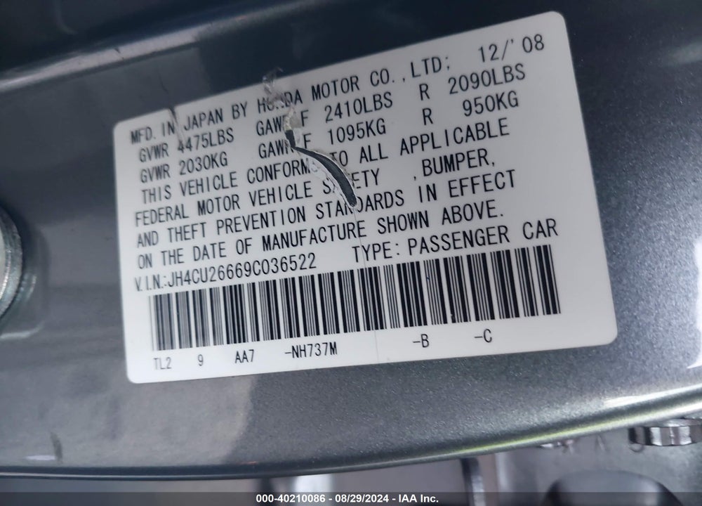 2009 ACURA TSX VIN: JH4CU26669C036522