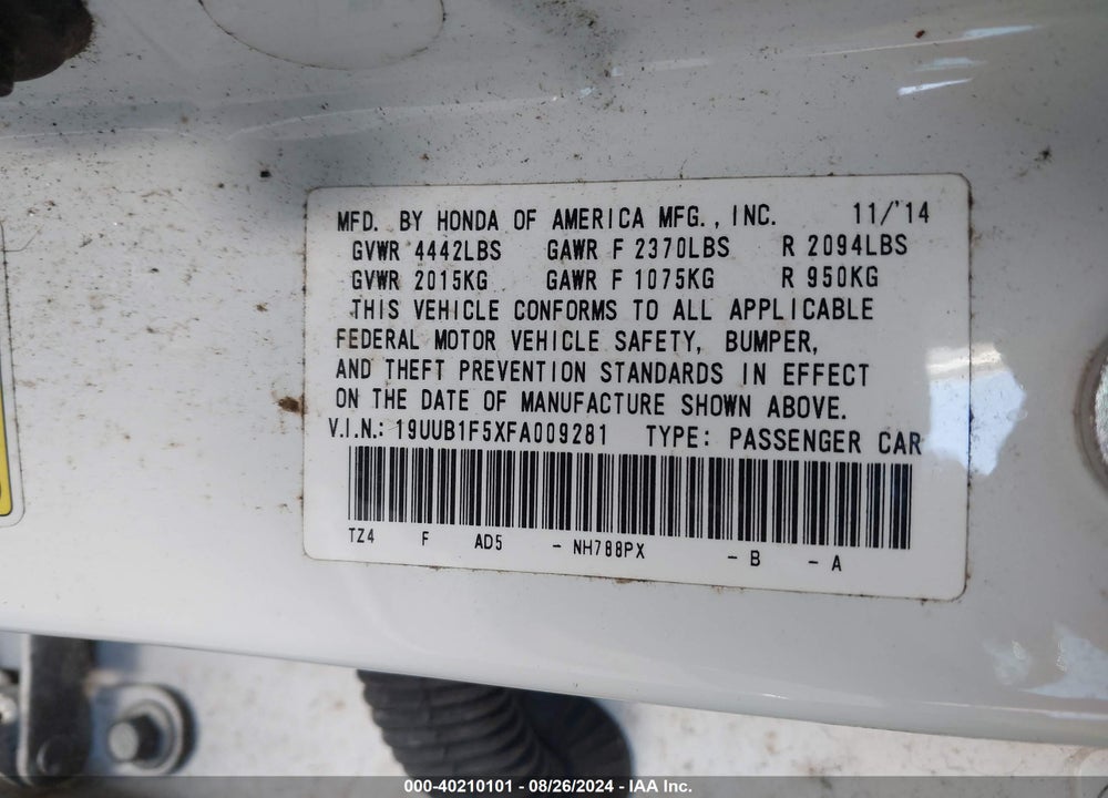 2015 ACURA TLX TECH VIN: 19UUB1F5XFA009281