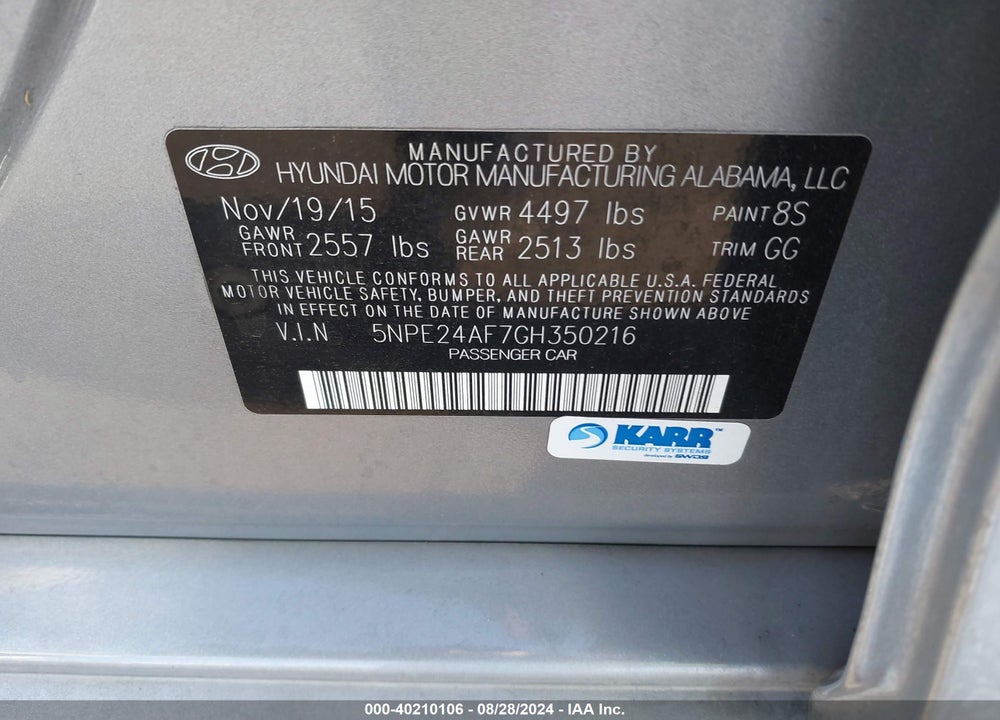 2016 HYUNDAI SONATA SE VIN: 5NPE24AF7GH350216