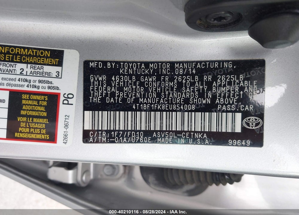 2014 TOYOTA CAMRY LE VIN: 4T1BF1FK8EU854008