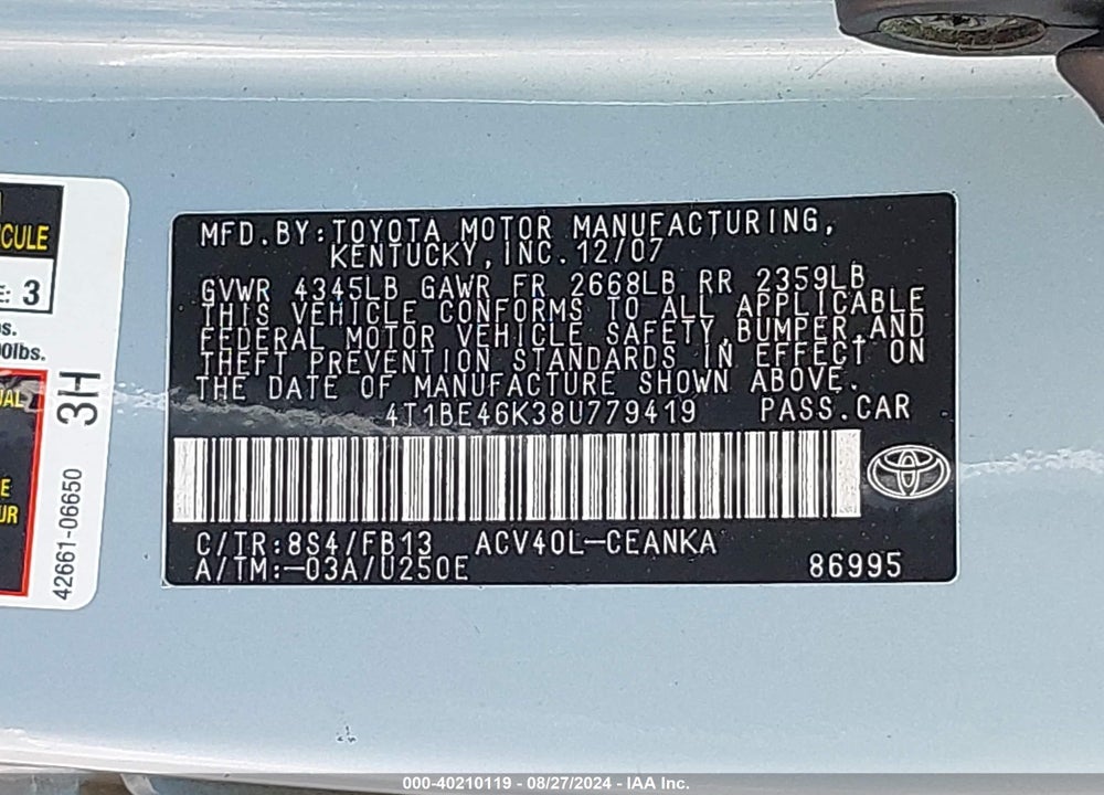 2008 TOYOTA CAMRY VIN: 4T1BE46K38U779419