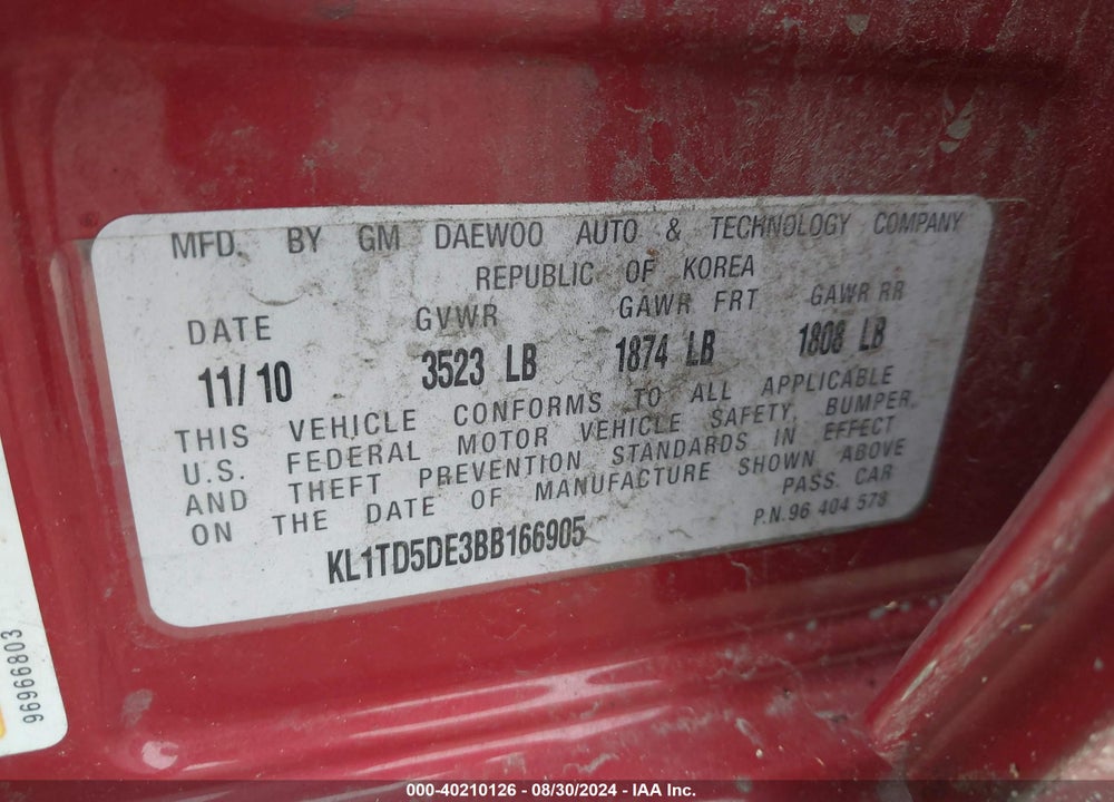 2011 CHEVROLET AVEO 1LT VIN: KL1TD5DE3BB166905