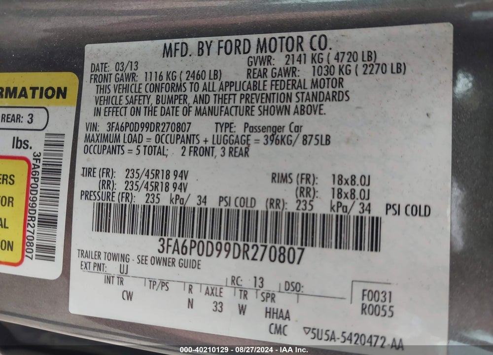 2013 FORD FUSION TITANIUM VIN: 3FA6P0D99DR270807