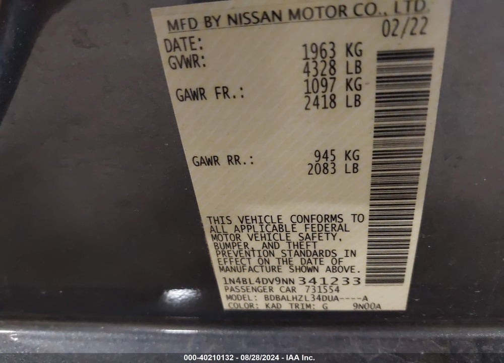 2022 NISSAN ALTIMA SV FWD VIN: 1N4BL4DV9NN341233