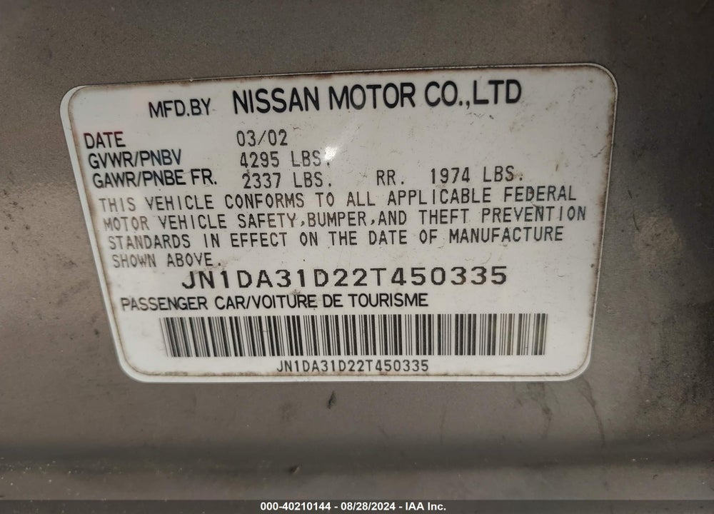 2002 NISSAN MAXIMA GLE VIN: JN1DA31D22T450335