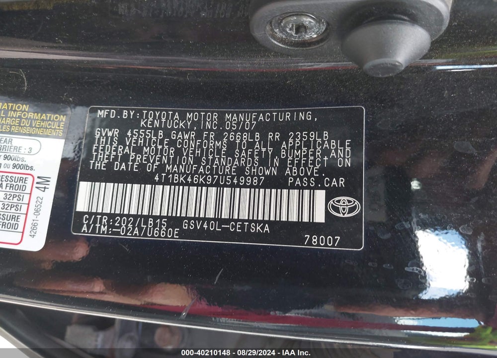 2007 TOYOTA CAMRY SE V6 VIN: 4T1BK46K97U549987