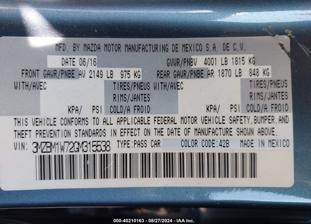 2016 MAZDA 3 I TOURING VIN: 3MZBM1W72GM315538