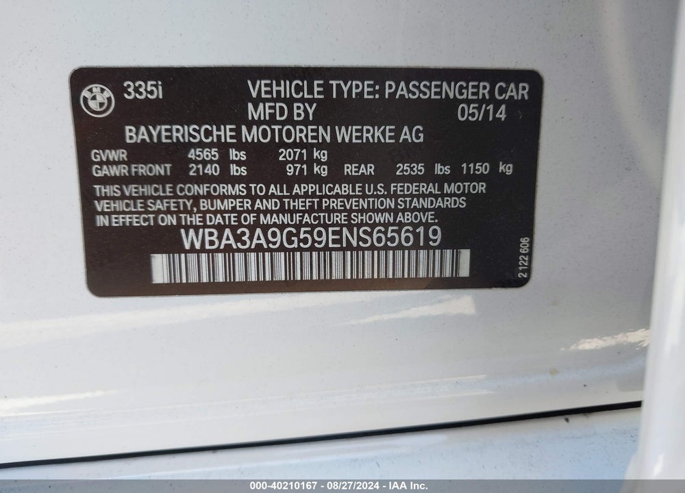 2014 BMW 335I VIN: WBA3A9G59ENS65619