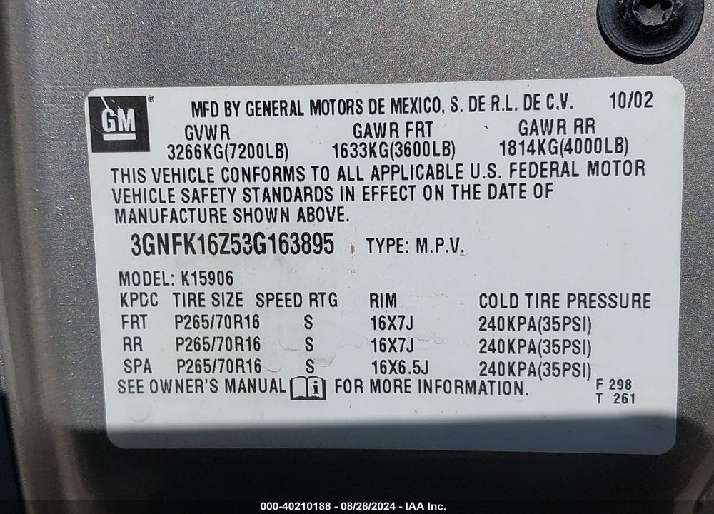 2003 CHEVROLET SUBURBAN 1500 VIN: 3GNFK16Z53G163895