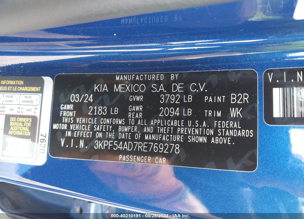 2024 KIA FORTE GT LINE VIN: 3KPF54AD7RE769278