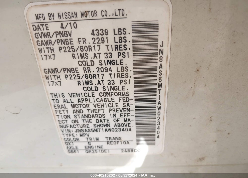 2010 NISSAN ROGUE SL VIN: JN8AS5MT1AW023404