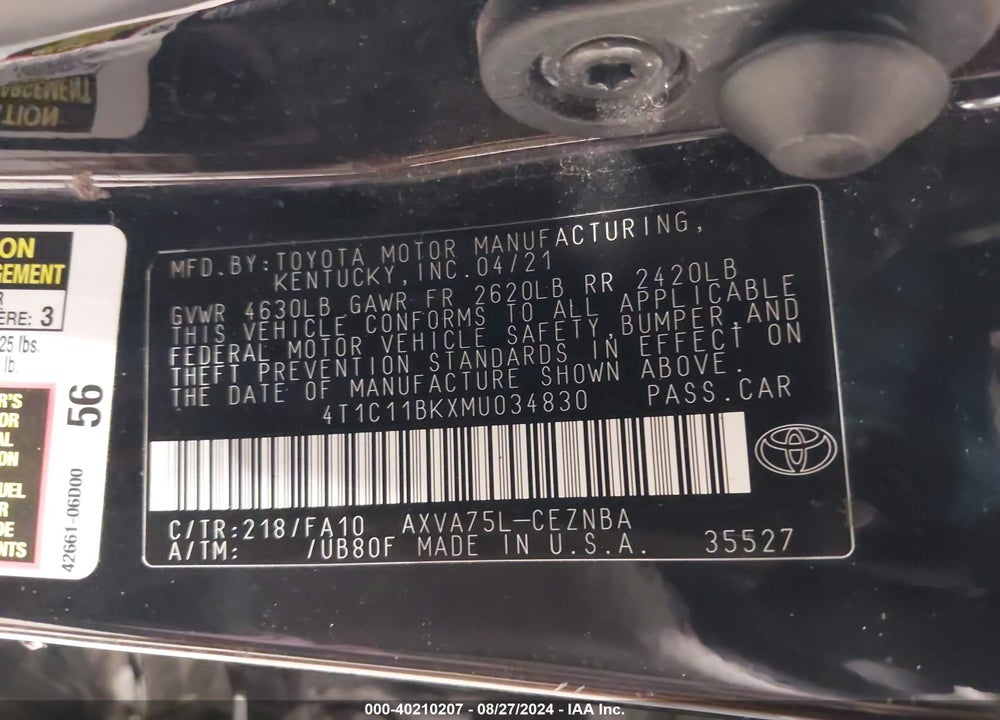 2021 TOYOTA CAMRY LE AWD VIN: 4T1C11BKXMU034830
