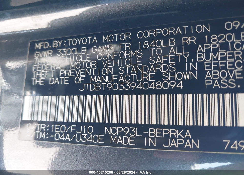 2009 TOYOTA YARIS VIN: JTDBT903394048094