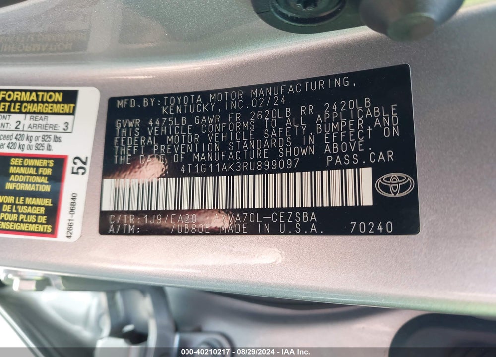 2024 TOYOTA CAMRY VIN: 4T1G11AK3RU899097
