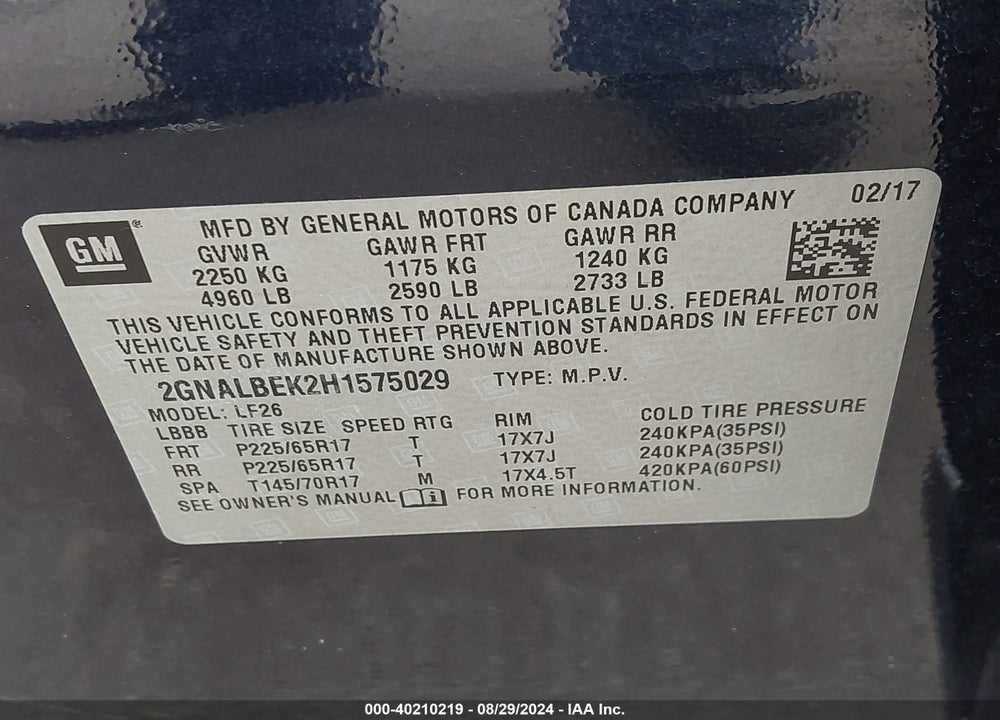 2017 CHEVROLET EQUINOX LS VIN: 2GNALBEK2H1575029