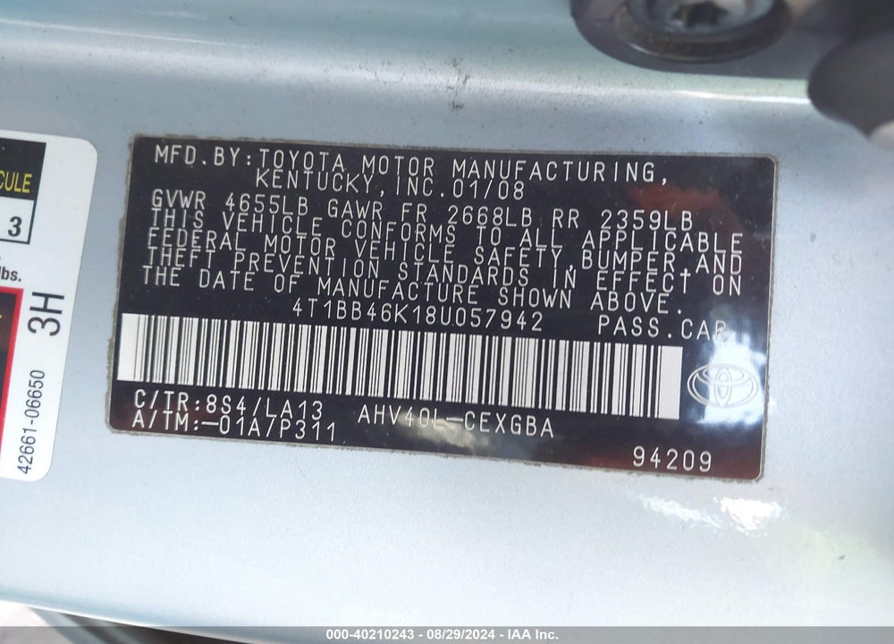 2008 TOYOTA CAMRY HYBRID VIN: 4T1BB46K18U057942