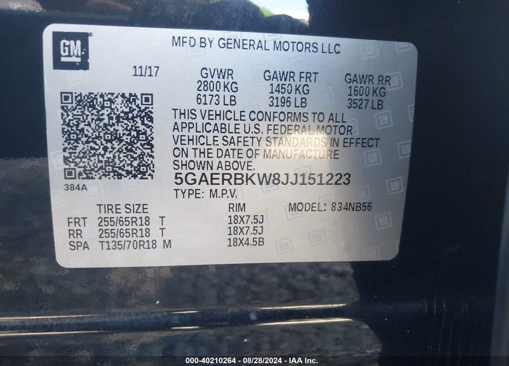 2018 BUICK ENCLAVE ESSENCE VIN: 5GAERBKW8JJ151223