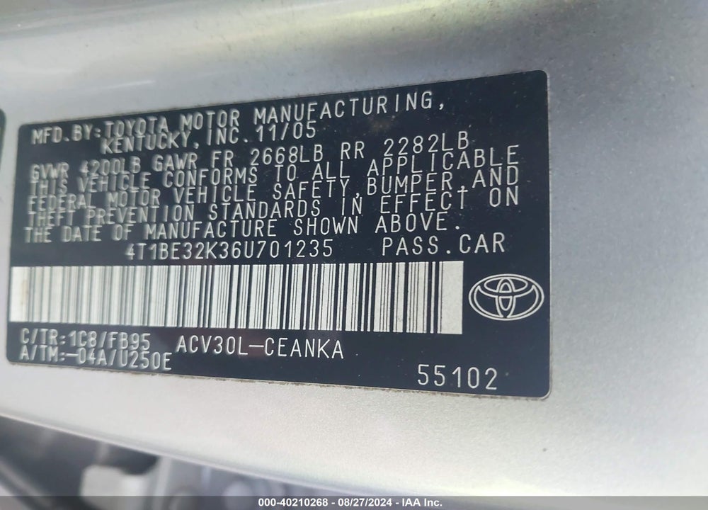 2006 TOYOTA CAMRY LE VIN: 4T1BE32K36U701235
