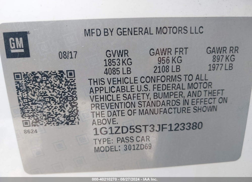 2018 CHEVROLET MALIBU LT VIN: 1G1ZD5ST3JF123380