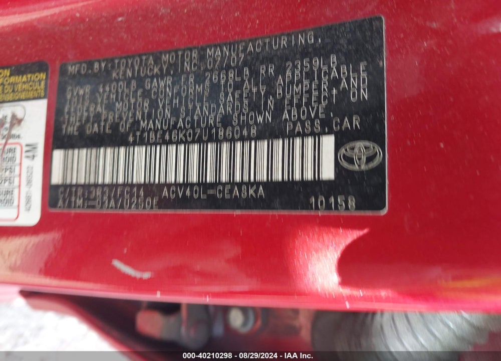 2007 TOYOTA CAMRY SE VIN: 4T1BE46K07U186048