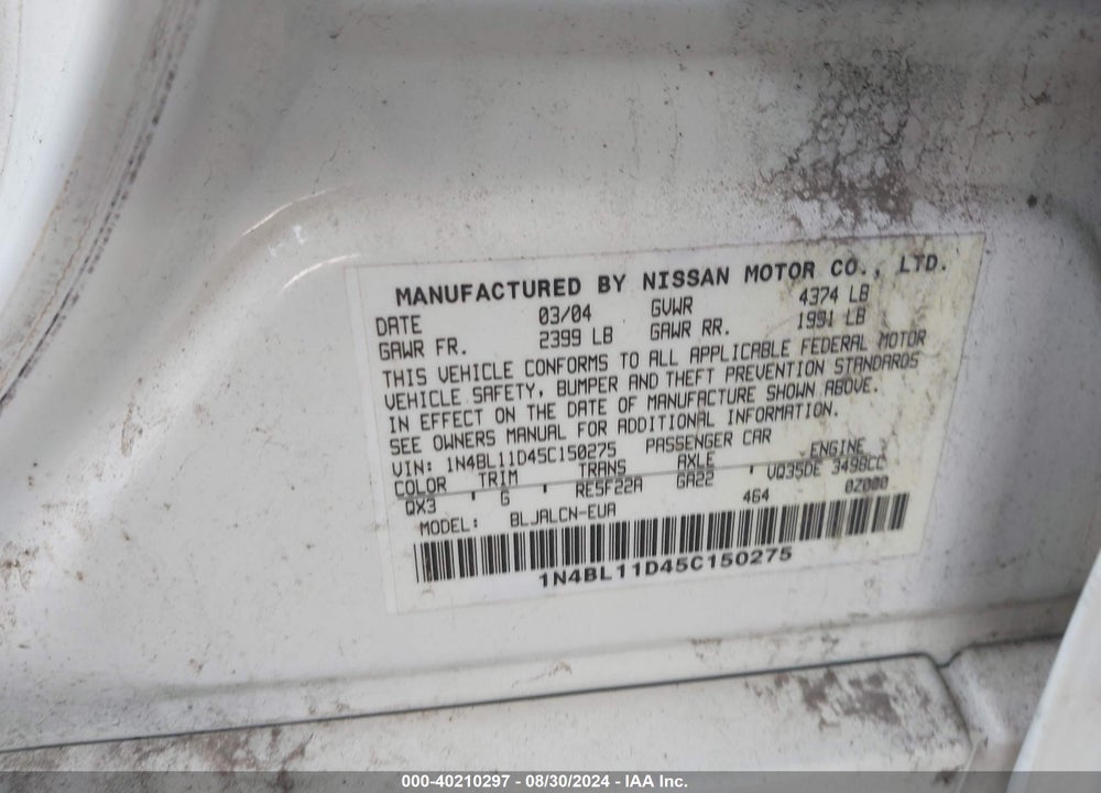 2005 NISSAN ALTIMA 3.5 SE VIN: 1N4BL11D45C150275